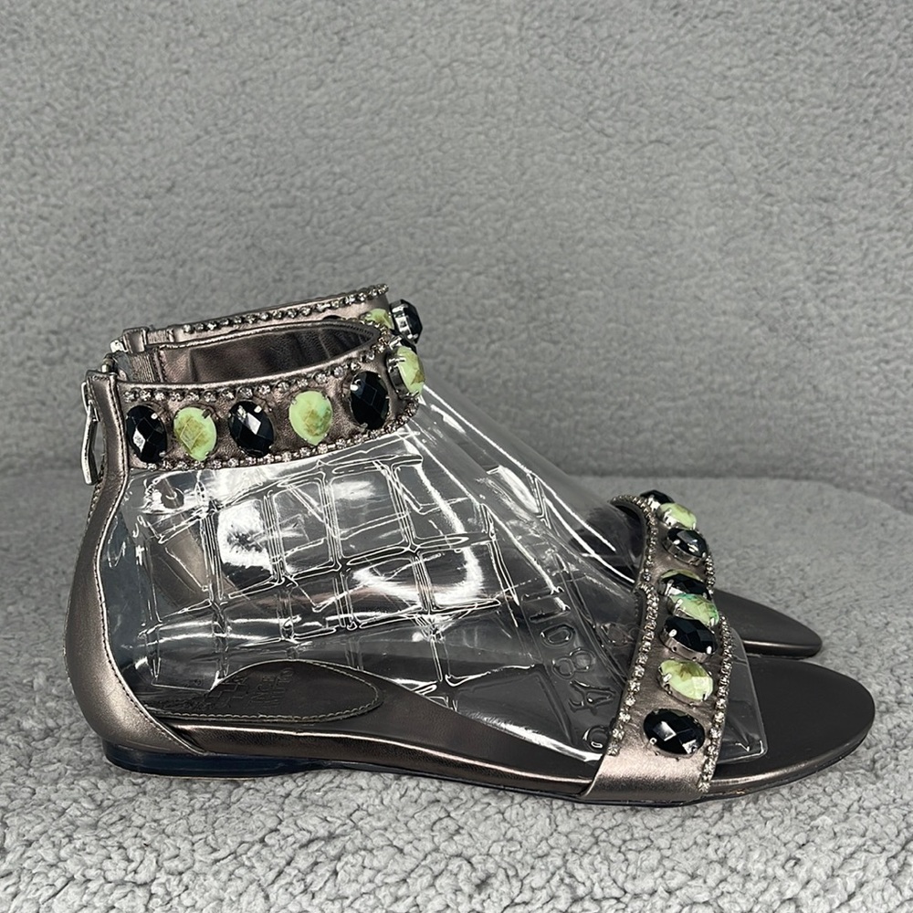 Vince Camuto steel metallic Karmo leather ankle strap zipper sandals 8M sequins